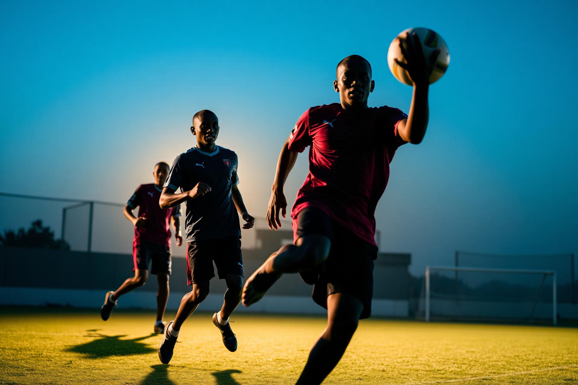 Young African footballers training at golden hour